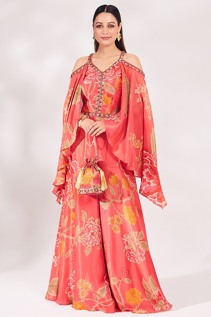 Pink Shimmer Georgette Cutdana Embroidered & Floral Printed Jumpsuit With Bag by Chaashni Pret