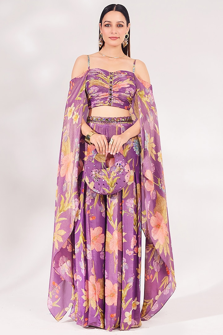 Purple Shimmer Georgette Palazzo Pant Set by Chaashni Pret