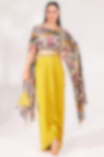 Mustard Chinon Chiffon & Crepe Draped Skirt Set by Chaashni Pret