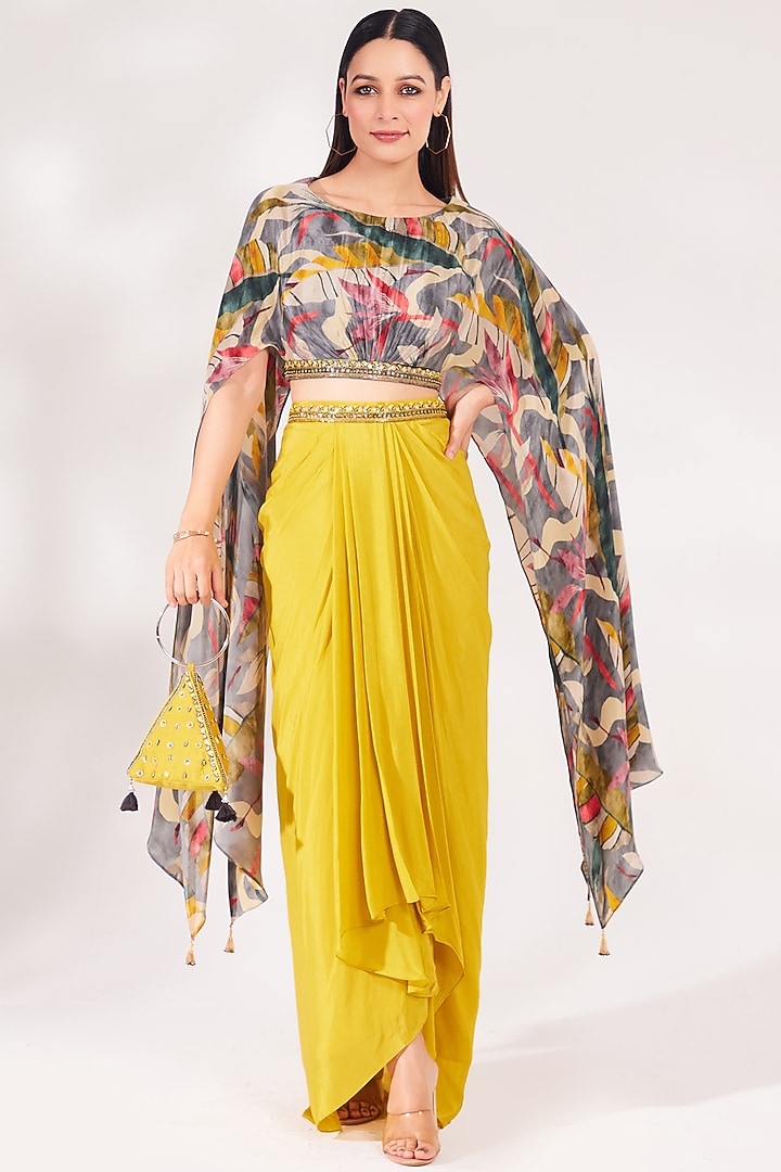 Mustard Chinon Chiffon & Crepe Draped Skirt Set by Chaashni by Maansi and Ketan at Pernia's Pop Up Shop