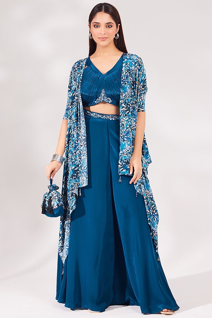 Teal Blue Crepe Flared Palazzo Pant Set by Chaashni Pret