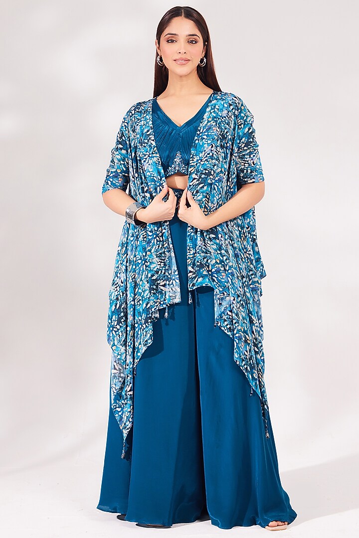 Teal Blue Crepe Flared Palazzo Pant Set by Chaashni by Maansi and Ketan at Pernia's Pop Up Shop