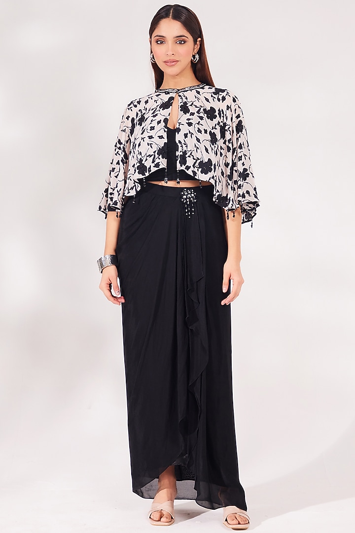 Black Crepe & Chinon Chiffon Sequined Draped Skirt Set by Chaashni by Maansi and Ketan at Pernia's Pop Up Shop
