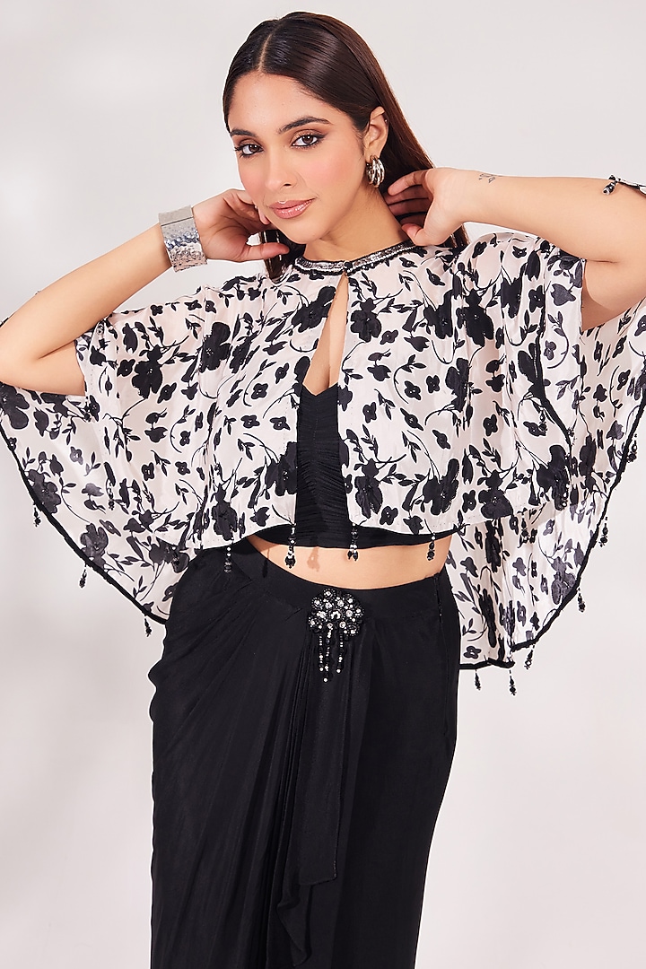 Black Crepe & Chinon Chiffon Sequined Draped Skirt Set by Chaashni by Maansi and Ketan at Pernia's Pop Up Shop