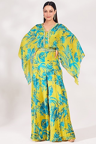 Lime Chinon Chiffon Cutdana Embroidered & Printed Jumpsuit With Bag by Chaashni by Maansi and Ketan