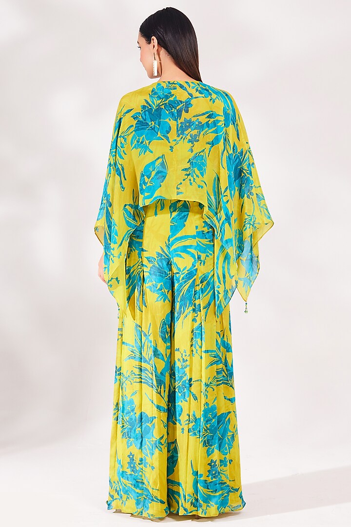 Lime Chinon Chiffon Cutdana Embroidered & Printed Jumpsuit With Bag by Chaashni by Maansi and Ketan at Pernia's Pop Up Shop