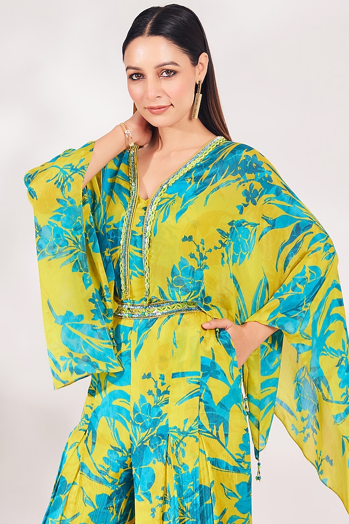Lime Chinon Chiffon Cutdana Embroidered & Printed Jumpsuit With Bag by Chaashni by Maansi and Ketan at Pernia's Pop Up Shop
