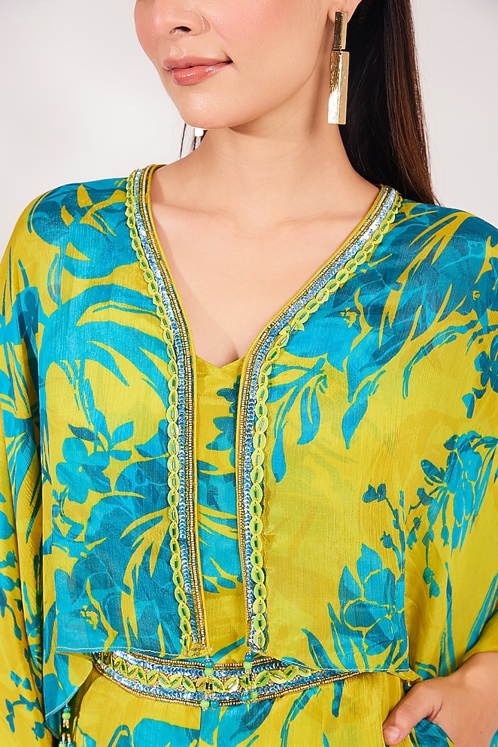 Lime Chinon Chiffon Cutdana Embroidered & Printed Jumpsuit With Bag by Chaashni by Maansi and Ketan at Pernia's Pop Up Shop