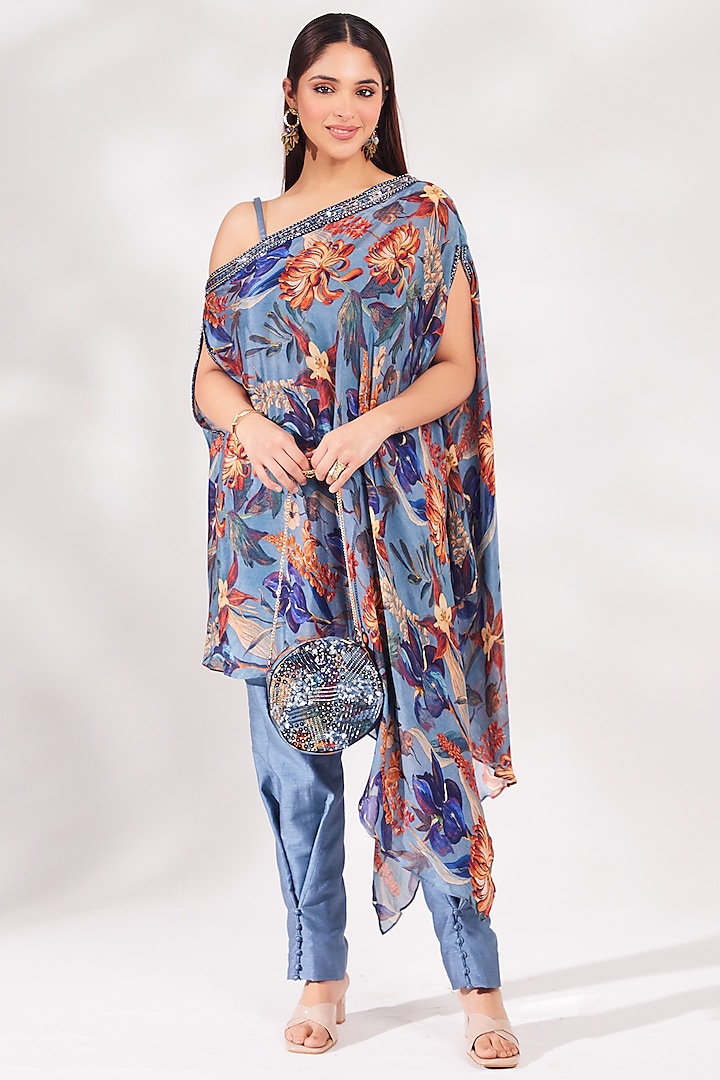 Pale Blue Chinon Chiffon Sequins Embroidered Kaftan Set by Chaashni Pret