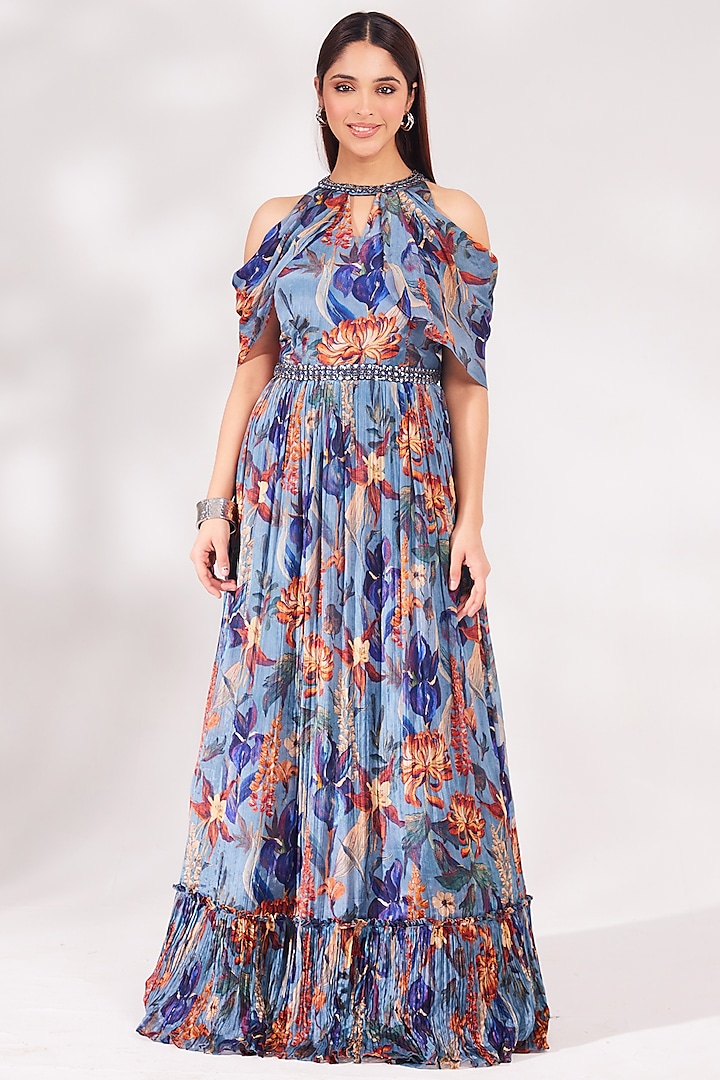 Pale Blue Chinon Chiffon Sequins Embroidered Dress With Bag by Chaashni Pret