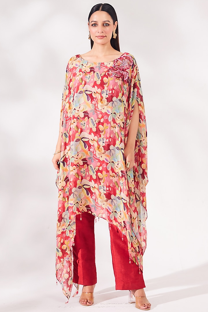 Red Chinon Chiffon Sequins Embroidered Kaftan Set by Chaashni Pret
