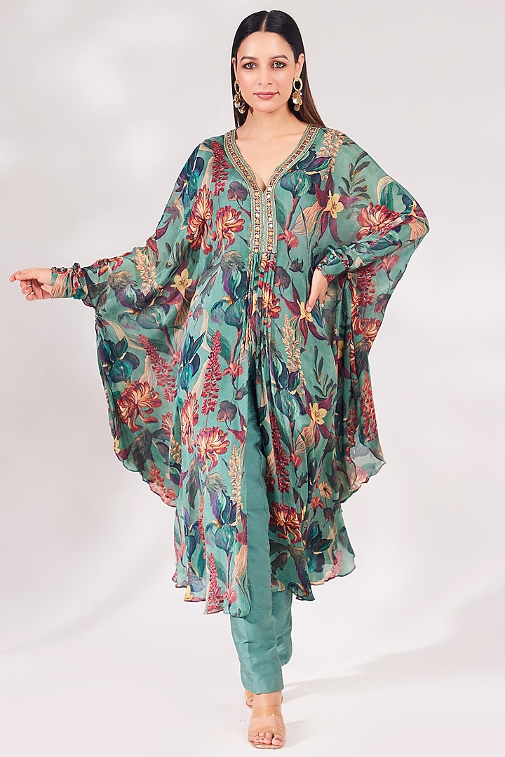 Forest Green Chinon Chiffon & Tussar Silk Sequins Embroidered Kaftan Set by Chaashni by Maansi and Ketan at Pernia's Pop Up Shop