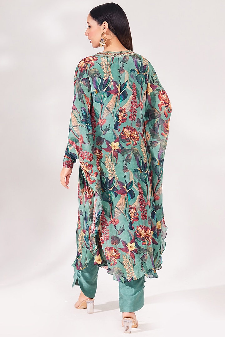 Forest Green Chinon Chiffon & Tussar Silk Sequins Embroidered Kaftan Set by Chaashni by Maansi and Ketan at Pernia's Pop Up Shop
