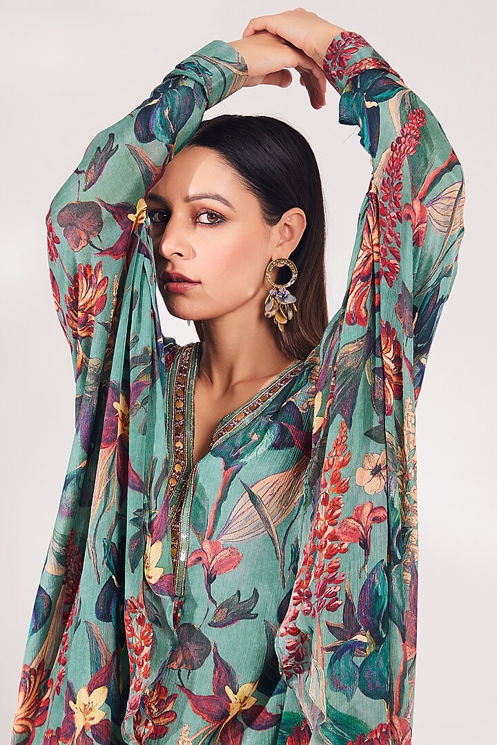 Forest Green Chinon Chiffon & Tussar Silk Sequins Embroidered Kaftan Set by Chaashni by Maansi and Ketan at Pernia's Pop Up Shop