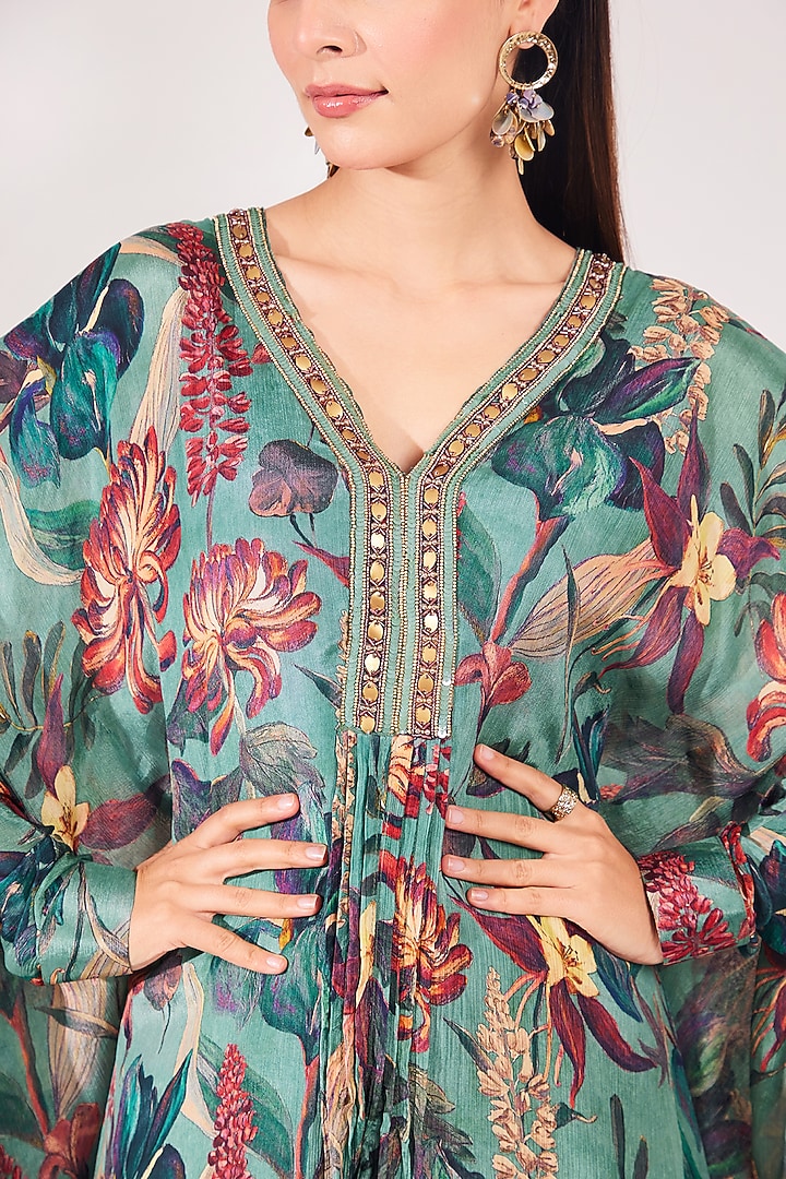 Forest Green Chinon Chiffon & Tussar Silk Sequins Embroidered Kaftan Set by Chaashni by Maansi and Ketan at Pernia's Pop Up Shop