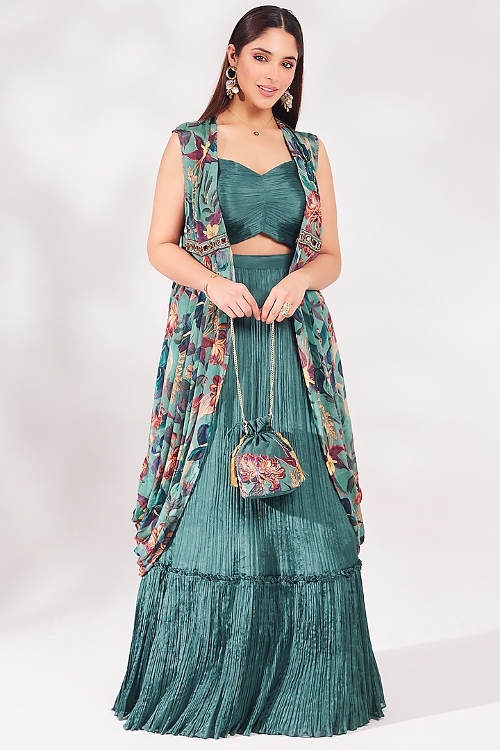 Forest Green Chiffon Skirt Set by Chaashni Pret