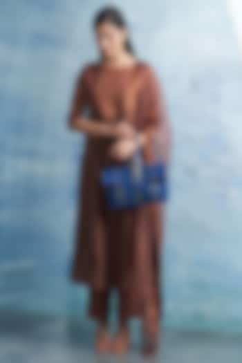 Blue Linen & Cotton Shimmer Rectangular Handbag by Charkhee Accessories
