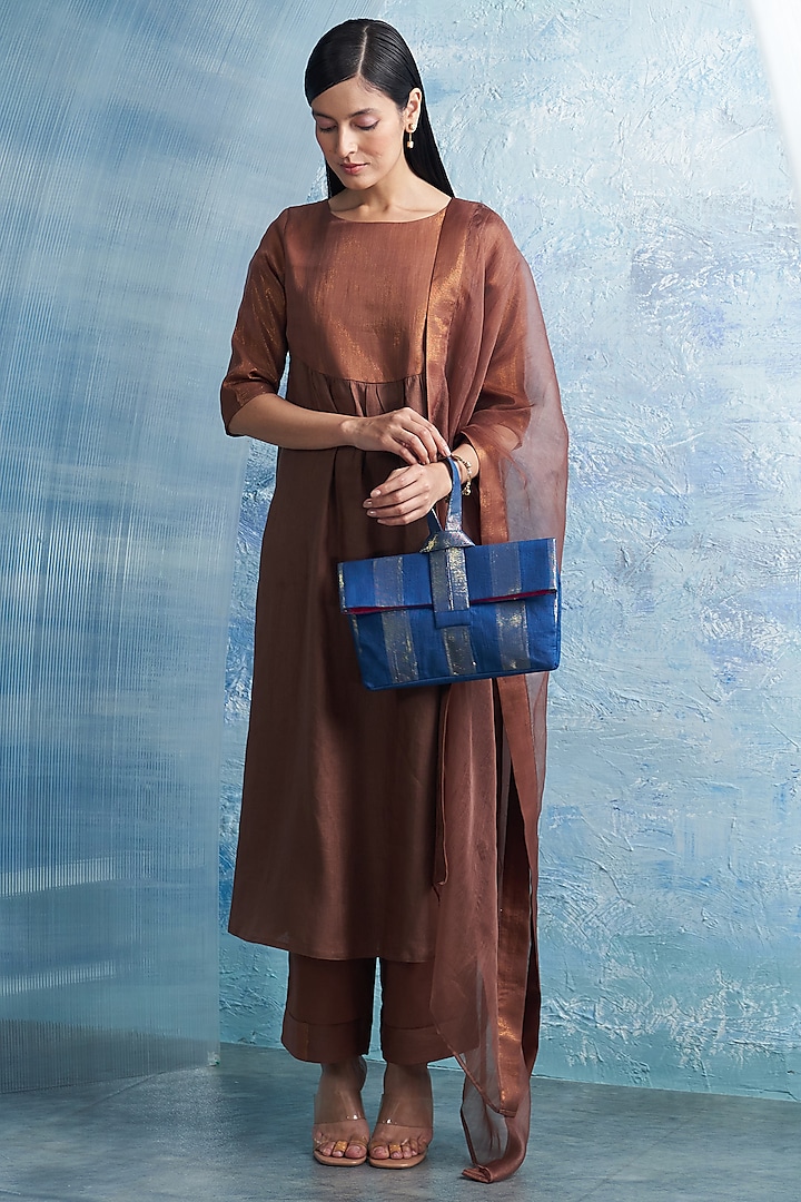 Blue Linen & Cotton Shimmer Rectangular Handbag by Charkhee Accessories
