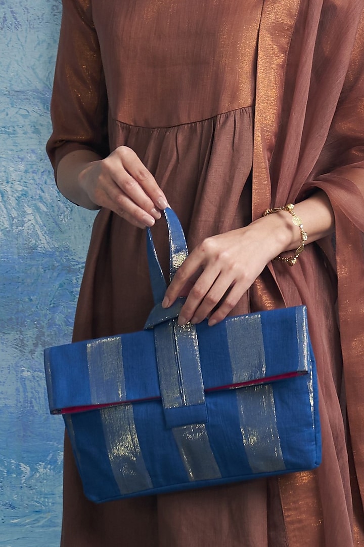 Blue Linen & Cotton Shimmer Rectangular Handbag by Charkhee Accessories at Pernia's Pop Up Shop