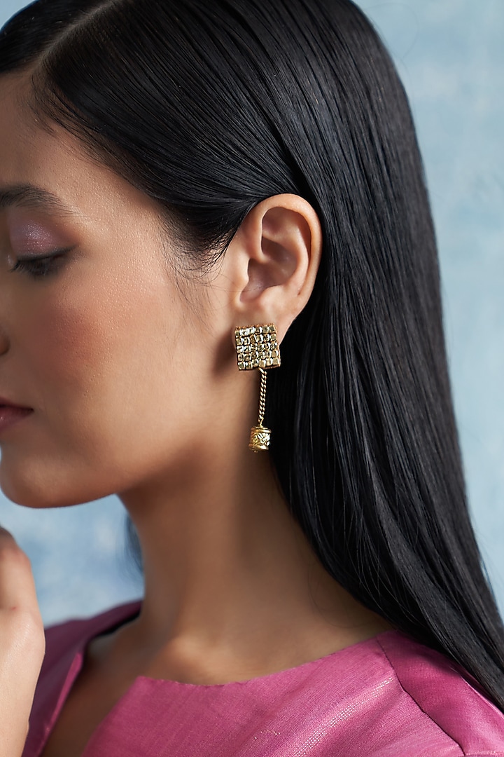 Gold Finish Aura Drop Earrings by Charkhee Accessories