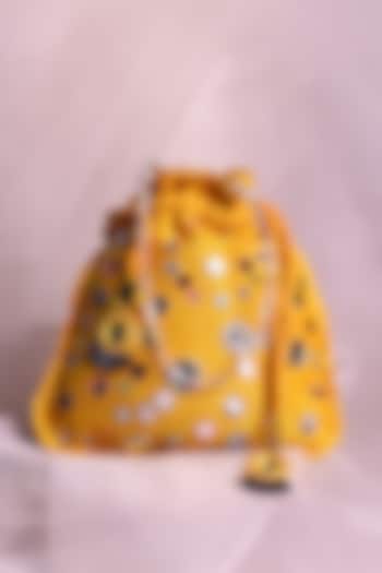 Yellow Hand Embroidered Potli by Charkhee Accessories