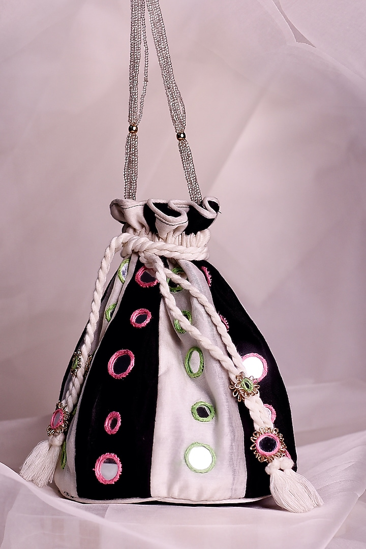 Black & White Hand Embroidered Potli by Charkhee Accessories