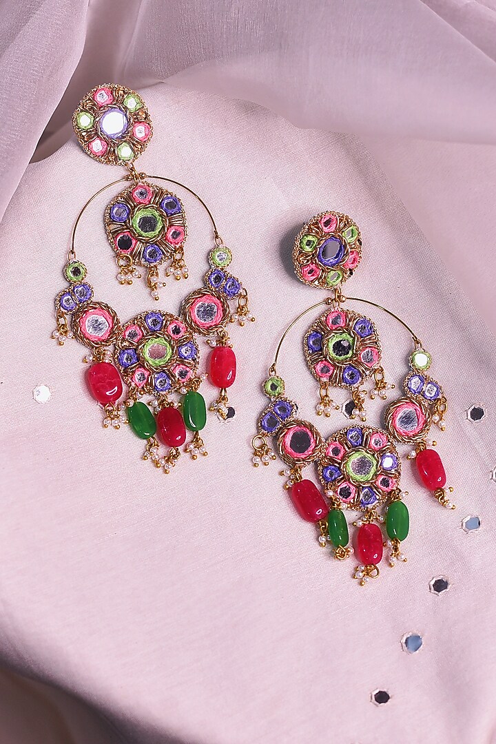 Multi-Colored Embroidered Chandbaali Earrings by Charkhee Accessories at Pernia's Pop Up Shop