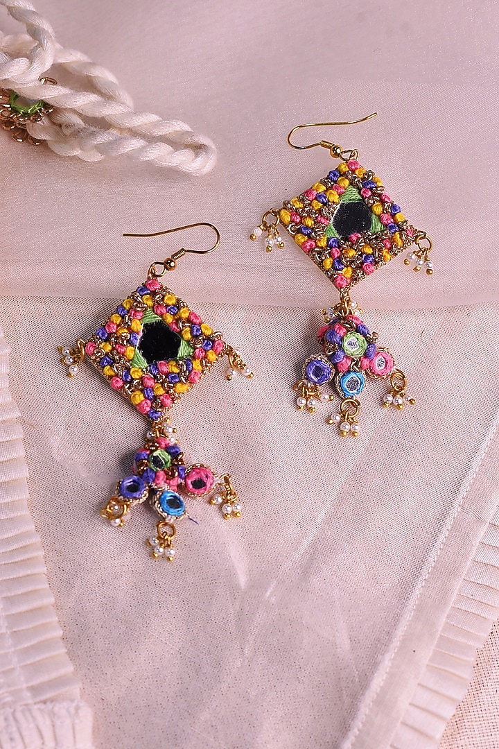 Multi-Colored Embroidered Dangler Earrings by Charkhee Accessories at Pernia's Pop Up Shop
