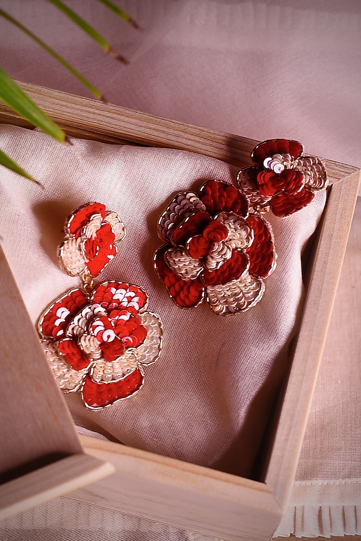 White & Red Hand Embroidered Dangler Earrings by Charkhee Accessories