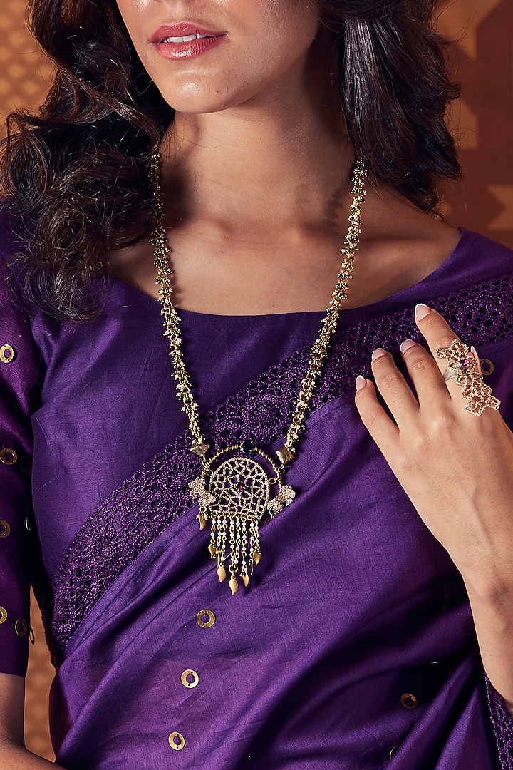 Gold Finish Stone Embroidered Long Necklace by Charkhee Accessories at Pernia's Pop Up Shop