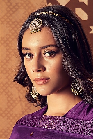 Gold Finish Embroidered Maangtikka by Charkhee Accessories