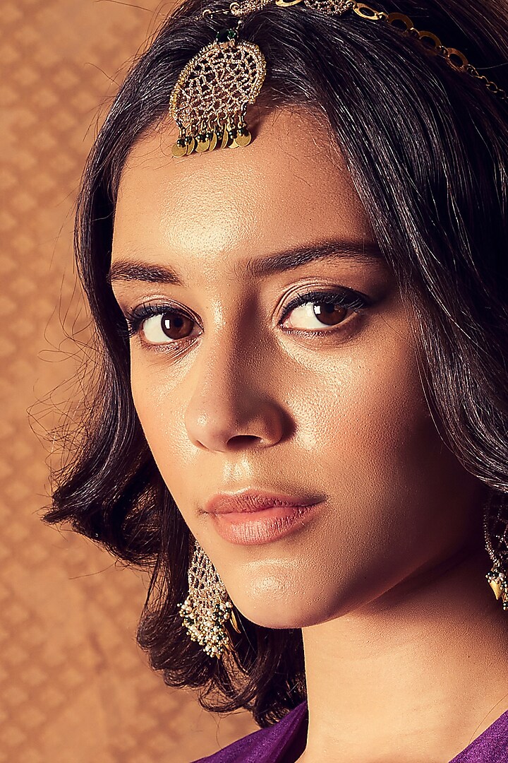 Gold Finish Embroidered Maangtikka by Charkhee Accessories at Pernia's Pop Up Shop