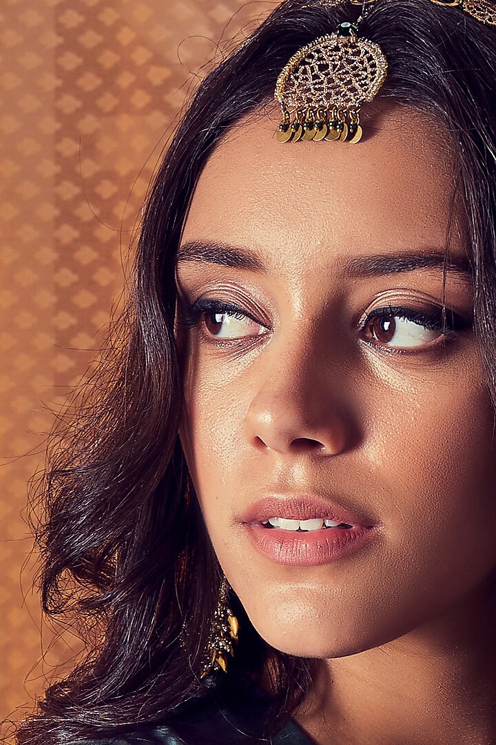 Gold Finish Embroidered Maangtikka by Charkhee Accessories at Pernia's Pop Up Shop