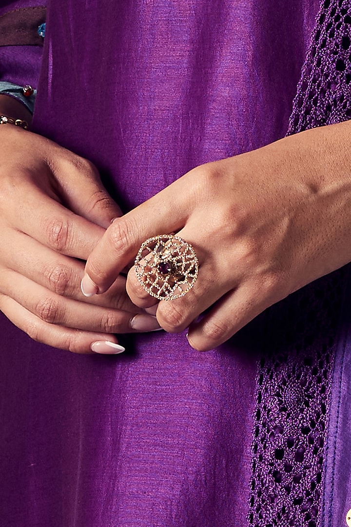 Gold Finish Embroidered Ring by Charkhee Accessories