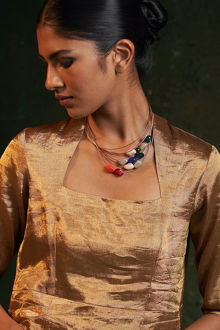 Gold Finish Embroidered Necklace by Charkhee Accessories