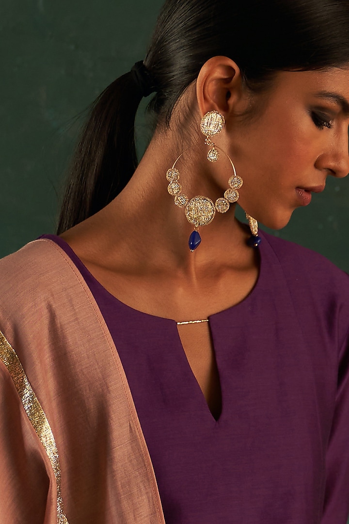 Gold Finish Gemstone Chandbaali Earrings by Charkhee Accessories