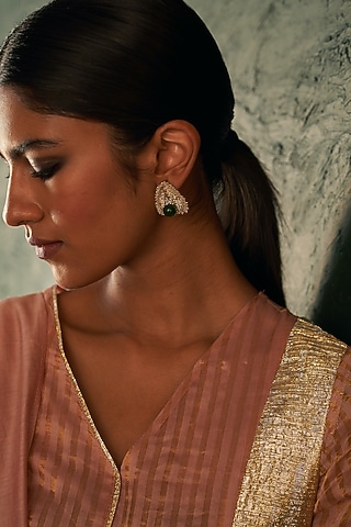 Gold Finish Green Gemstone Stud Earrings by Charkhee Accessories