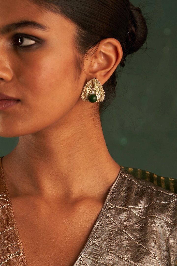 Gold Finish Green Gemstone Stud Earrings by Charkhee Accessories at Pernia's Pop Up Shop