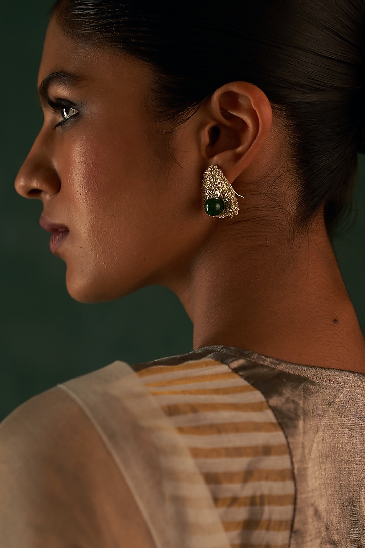 Gold Finish Green Gemstone Stud Earrings by Charkhee Accessories at Pernia's Pop Up Shop