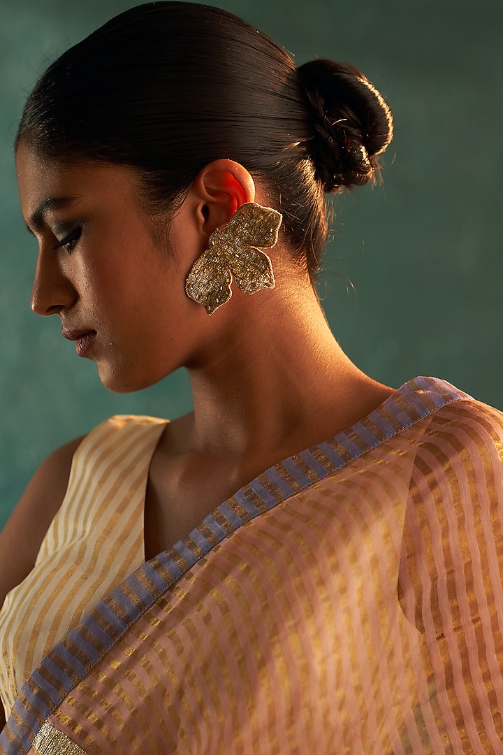 Gold Finish Gota & Cutdana Stud Earrings by Charkhee Accessories at Pernia's Pop Up Shop