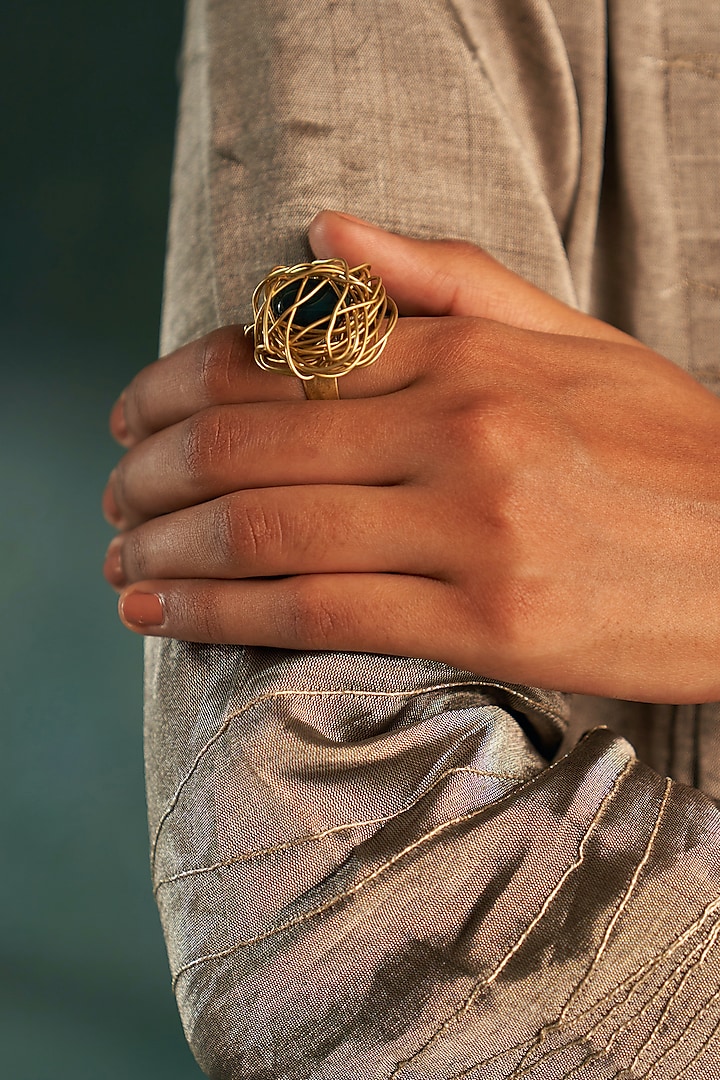 Gold Finish Green Gemstone Ring by Charkhee Accessories at Pernia's Pop Up Shop