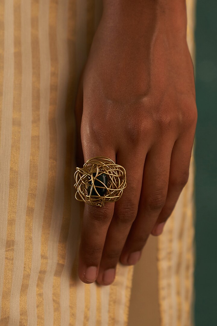 Gold Finish Green Gemstone Ring by Charkhee Accessories at Pernia's Pop Up Shop