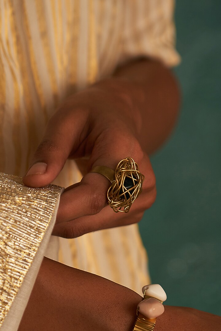 Gold Finish Green Gemstone Ring by Charkhee Accessories at Pernia's Pop Up Shop