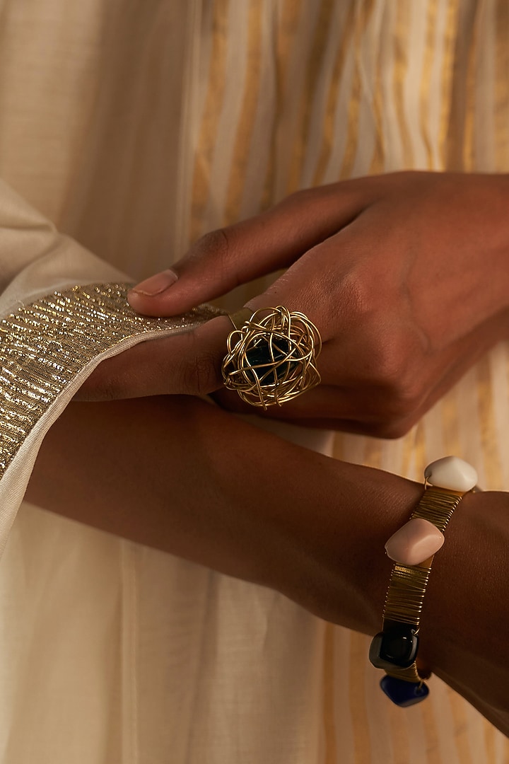 Gold Finish Green Gemstone Ring by Charkhee Accessories at Pernia's Pop Up Shop