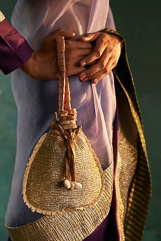 Gold Silk Tissue & Gota Glitter Potli by Charkhee Accessories