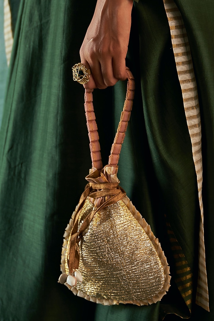 Gold Silk Tissue & Gota Glitter Potli by Charkhee Accessories at Pernia's Pop Up Shop