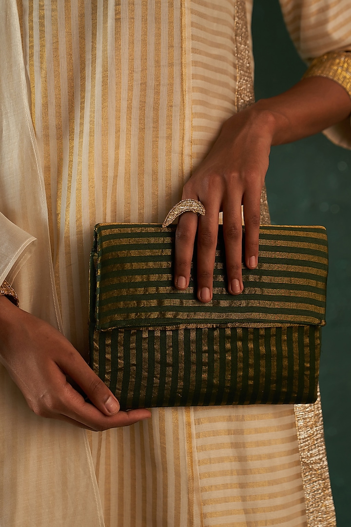Green Silk Tissue Striped Hand Clutch by Charkhee Accessories