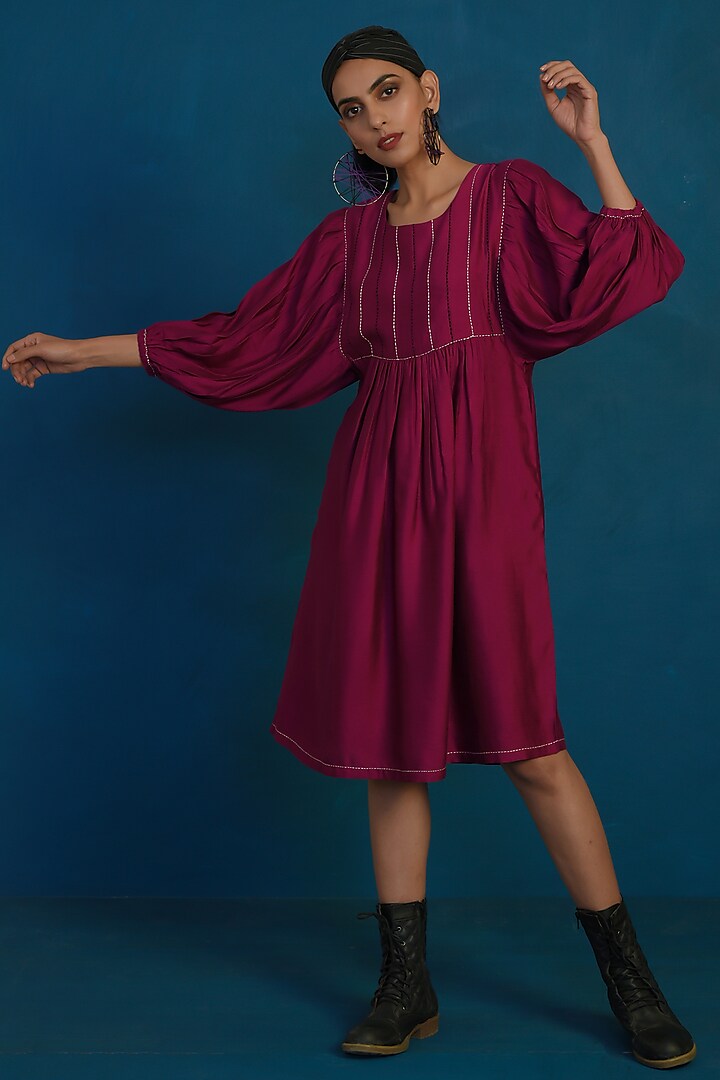 Wine Embroidered Midi Dress by Charkhee