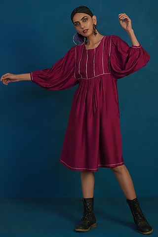 Wine Embroidered Midi Dress by Charkhee