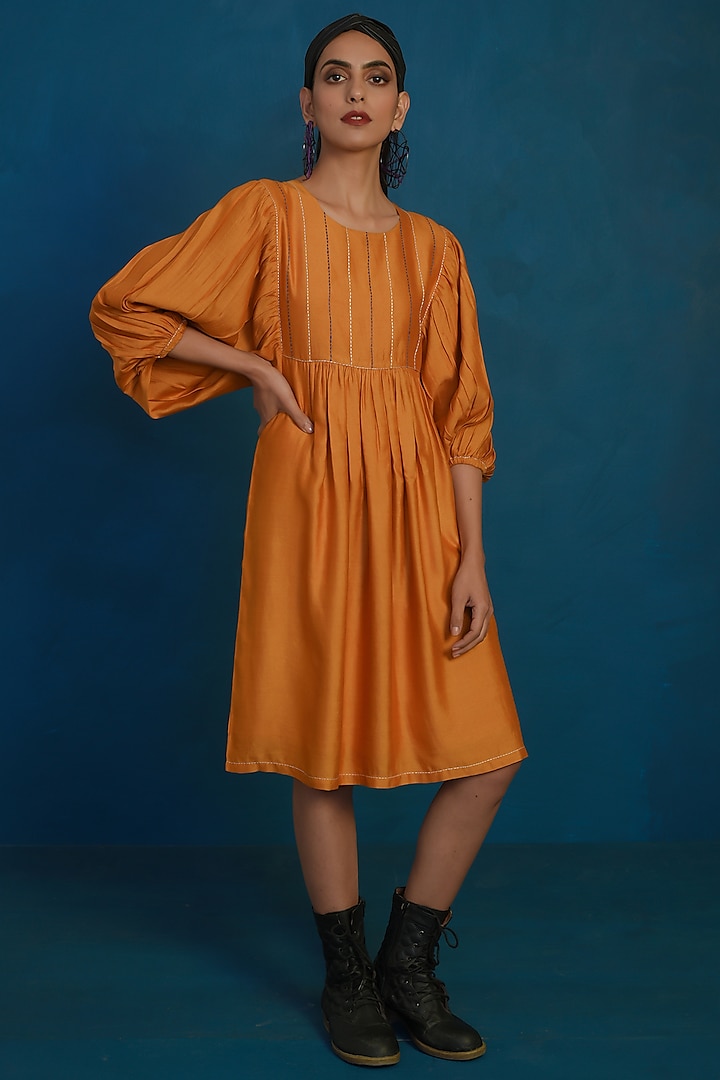 Mustard Embroidered Midi Dress by Charkhee